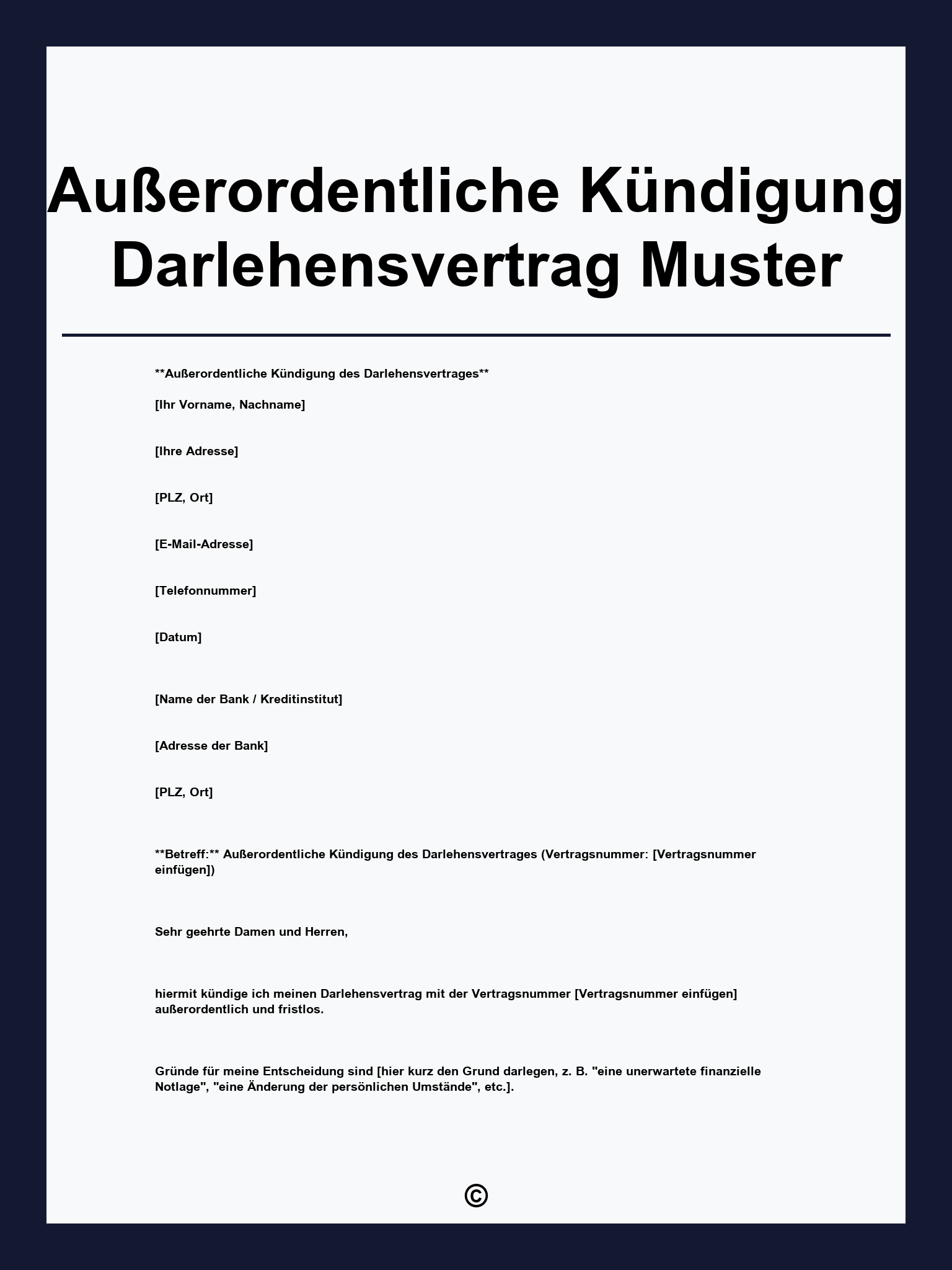 Außerordentliche Kündigung Darlehensvertrag Muster