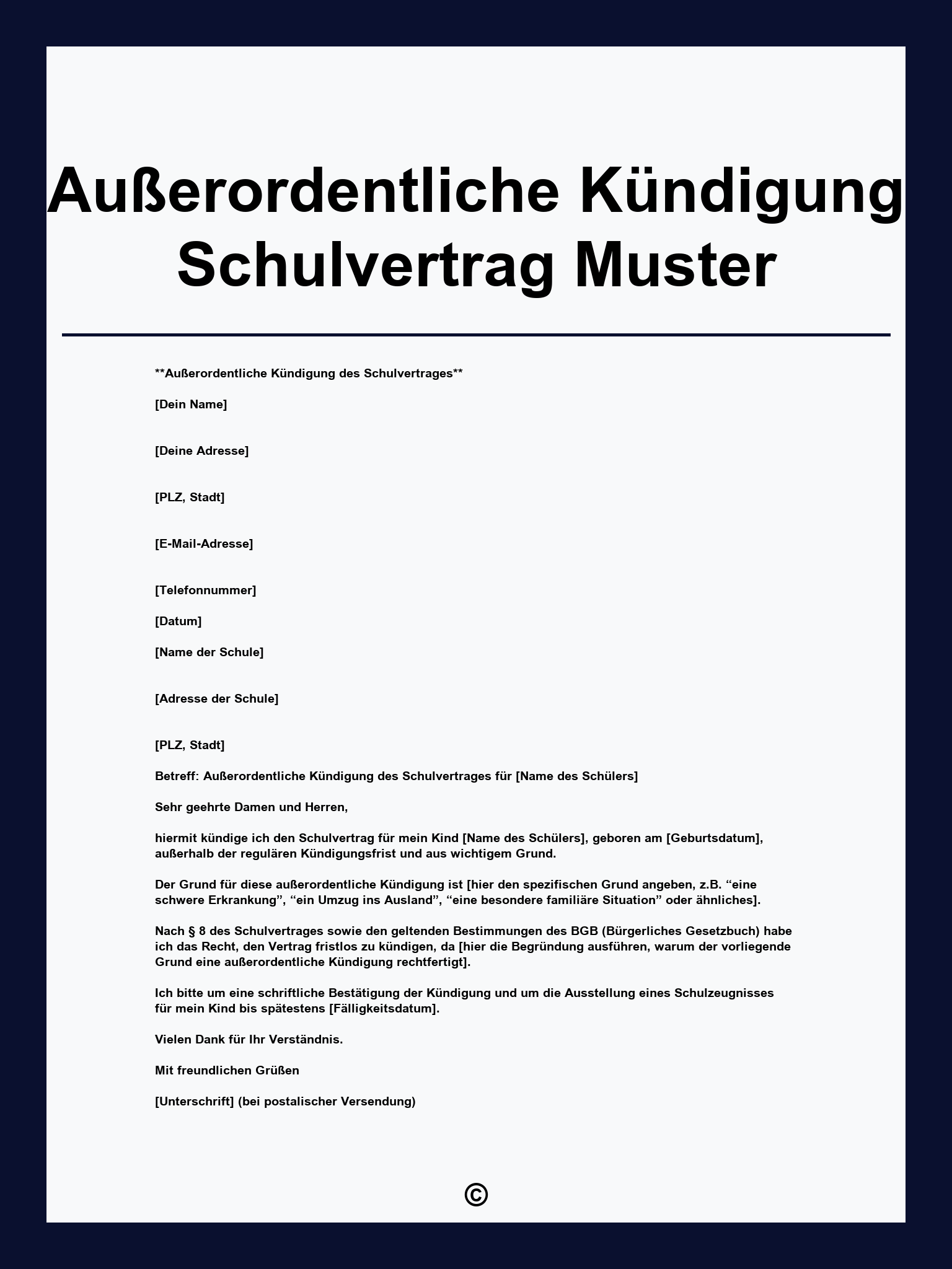 Außerordentliche Kündigung Schulvertrag Muster