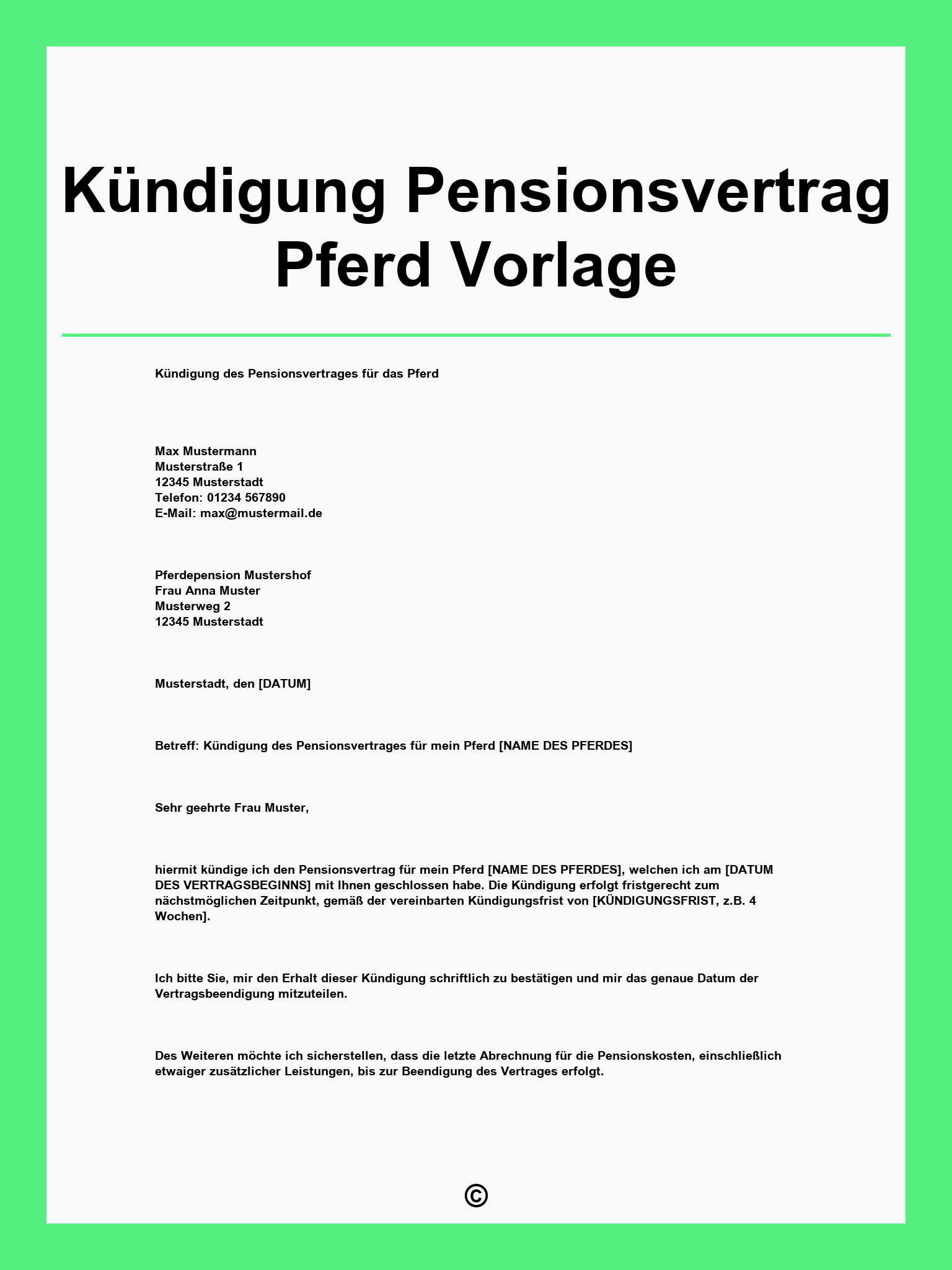 Kündigung Pensionsvertrag Pferd Vorlage