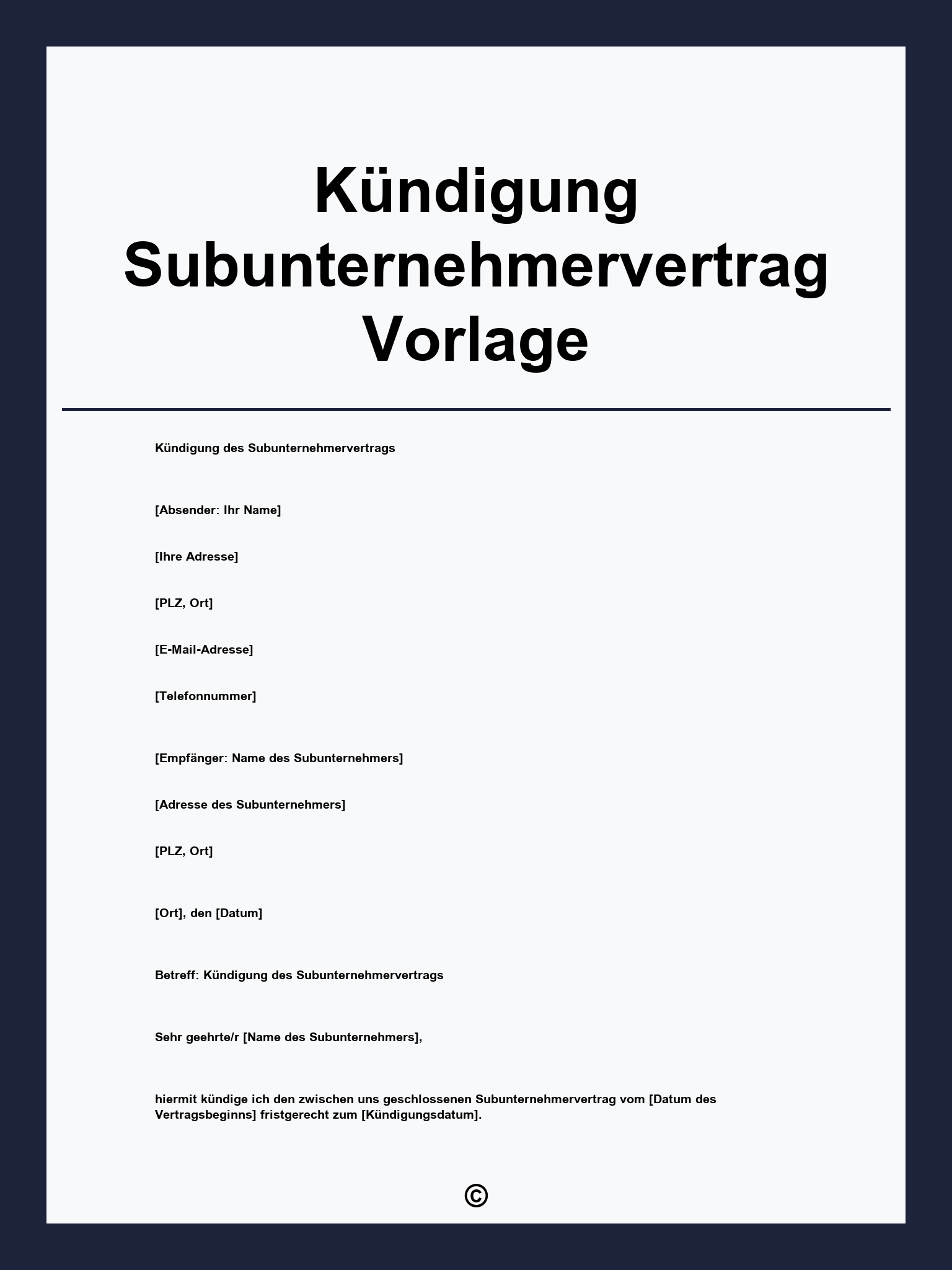 Kündigung Subunternehmervertrag Vorlage