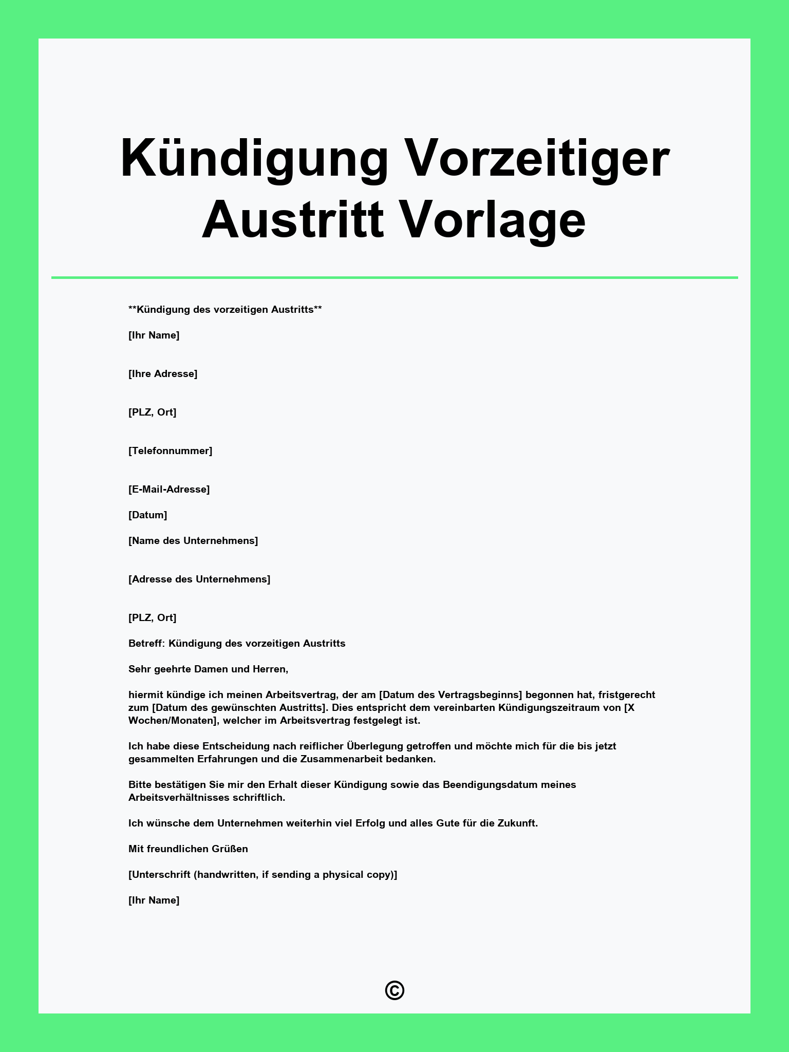 Kündigung Vorzeitiger Austritt Vorlage