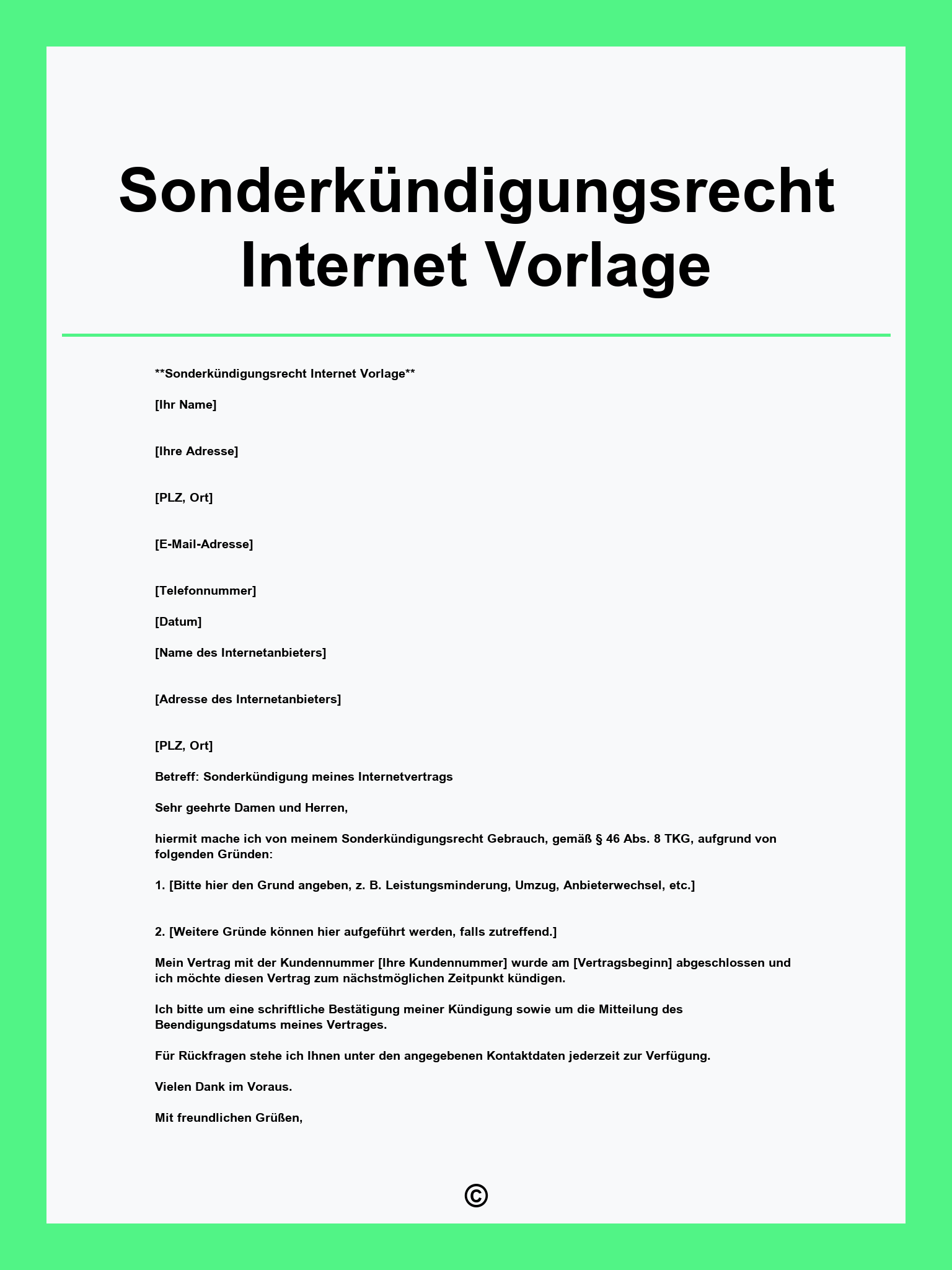 Sonderkündigungsrecht Internet Vorlage