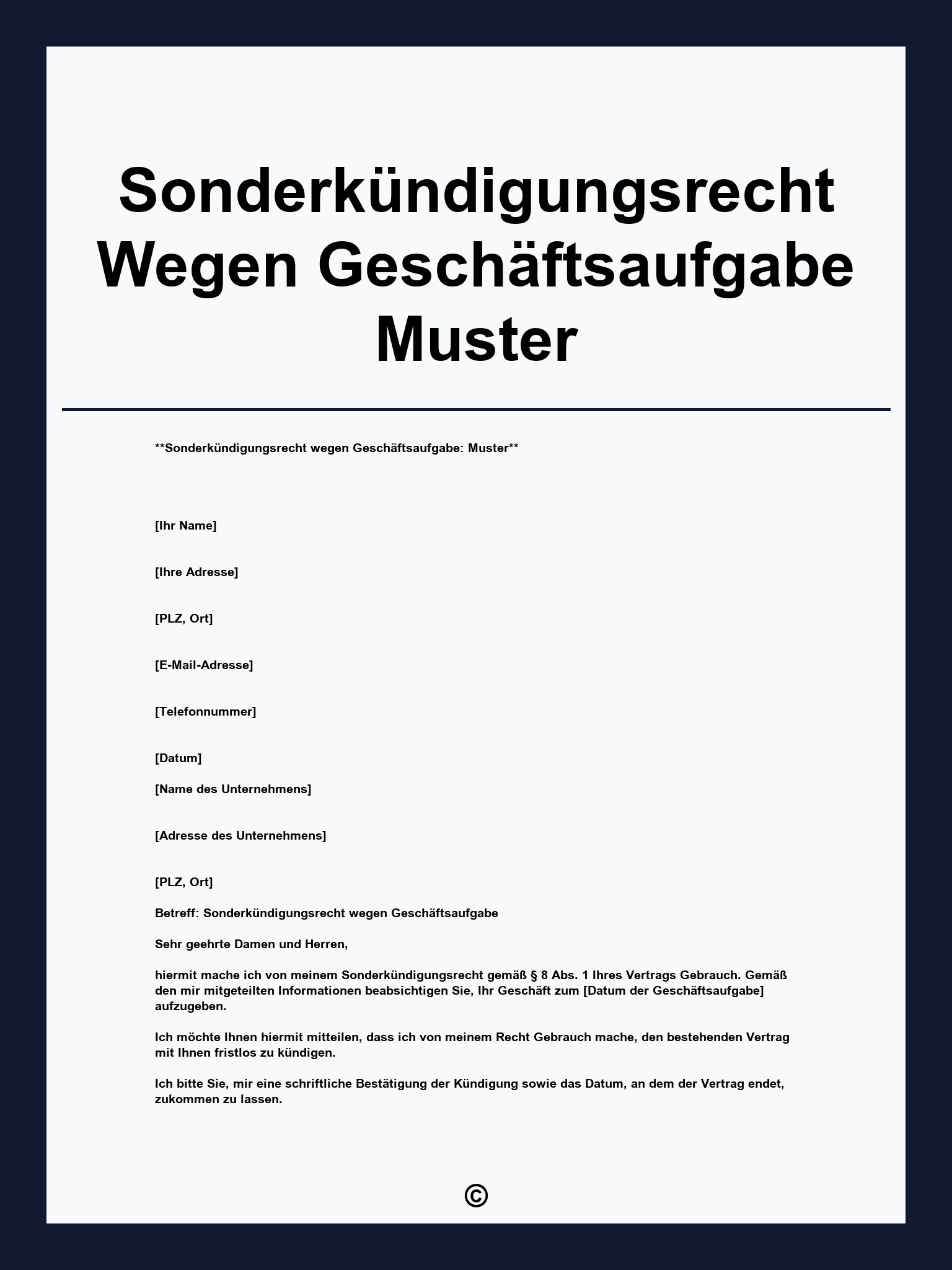 Sonderkündigungsrecht Wegen Geschäftsaufgabe Muster